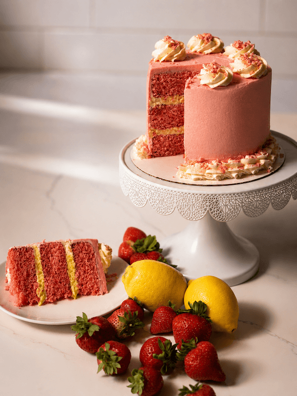 Pink strawberry cake with fruit and cream